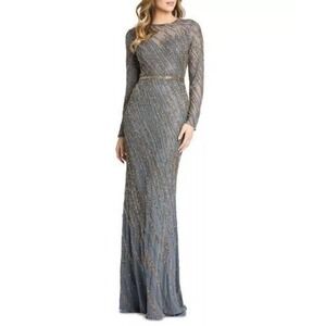 Mac Duggal 5240 Beaded Illusion Neck Long Sleeve‎ Gown - size 6 - Platinum NWT
